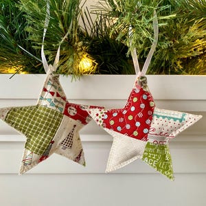 Mini Vintage Modern Handmade Puffy Christmas Star Quilted Hanging Decoration, Rustic Patchwork Star Bowl Filler 4” star