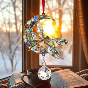 Dragonfly Suncatcher Crystal Prism, Acrylic Moon Dragonfly Hanging Sign, Window Art Decor, Nature Lover Gift, Home Accent
