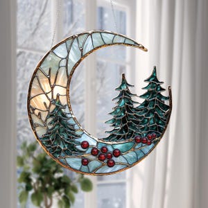 Crescent Moon Tree Acrylic Window Ornament: Winter Pine, Red Berries