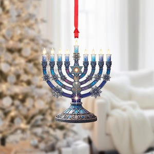 Hanukkah Menorah Christmas Ornament: Star of David, Snowflakes, Blue Decor