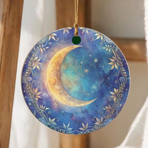 Celestial Moon Christmas Ornament Gift -  Blue & Gold Whimsigoth Magical Keepsake