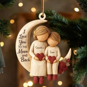 Grandma Grandkids on Moon Ornament, Personalized Wood Christmas Ornament, Custom Grandmother Gift, Heartfelt Christmas Gift from Grandkids