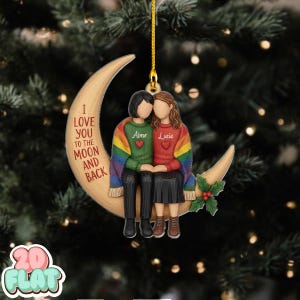 Personalized Lesbian Couple Moon Ornament, LGBT Couple Christmas Ornament,  2D Flat Custom Name Holiday Decor, Love You Gift, Couple Gift